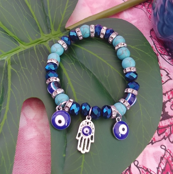 Silver Blue Stone Hamsa Hand Evil Eye Bracelet - Picture 1 of 3